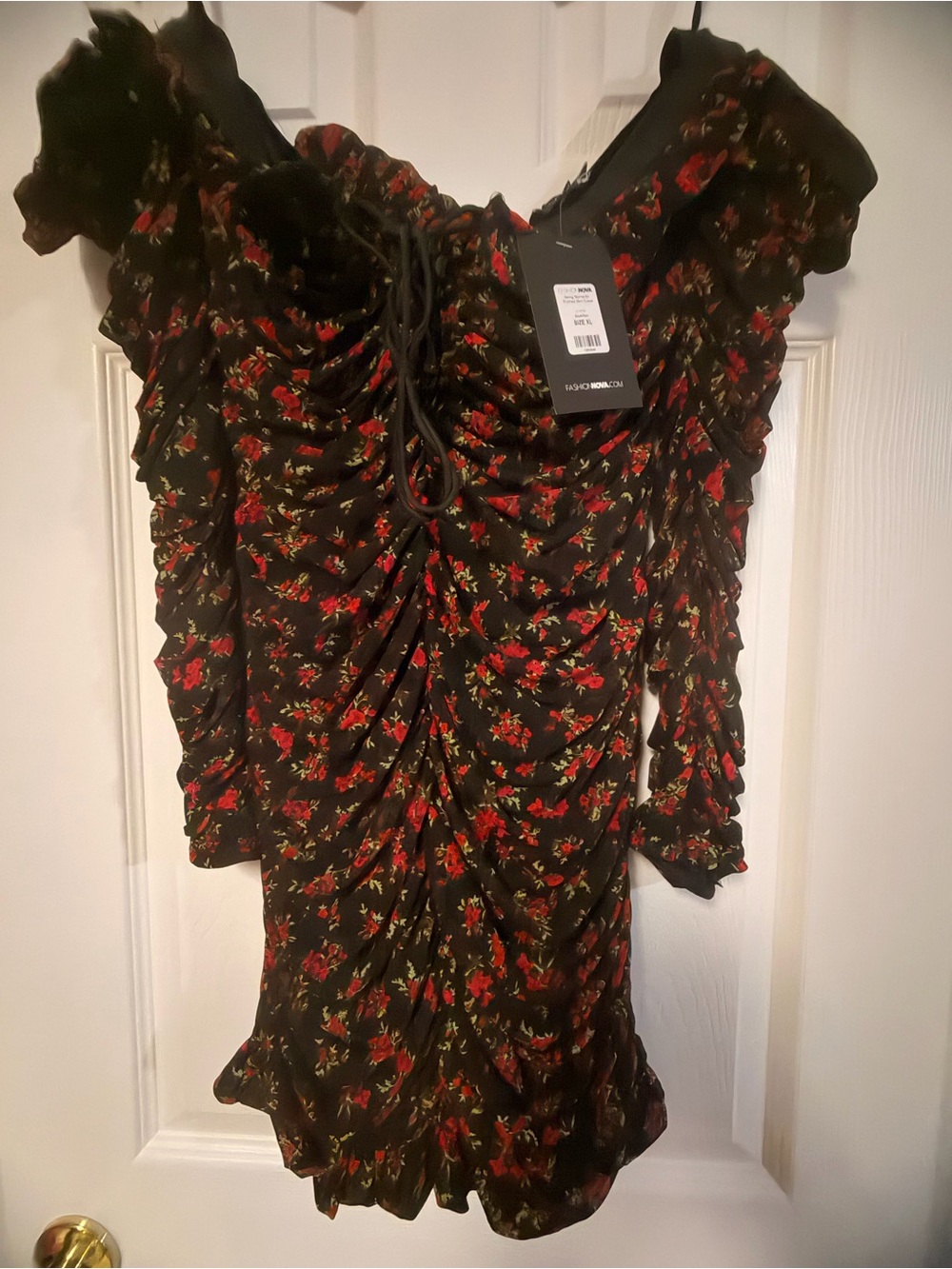 Fashion Nova Black Mini Dress with Red Floral Print